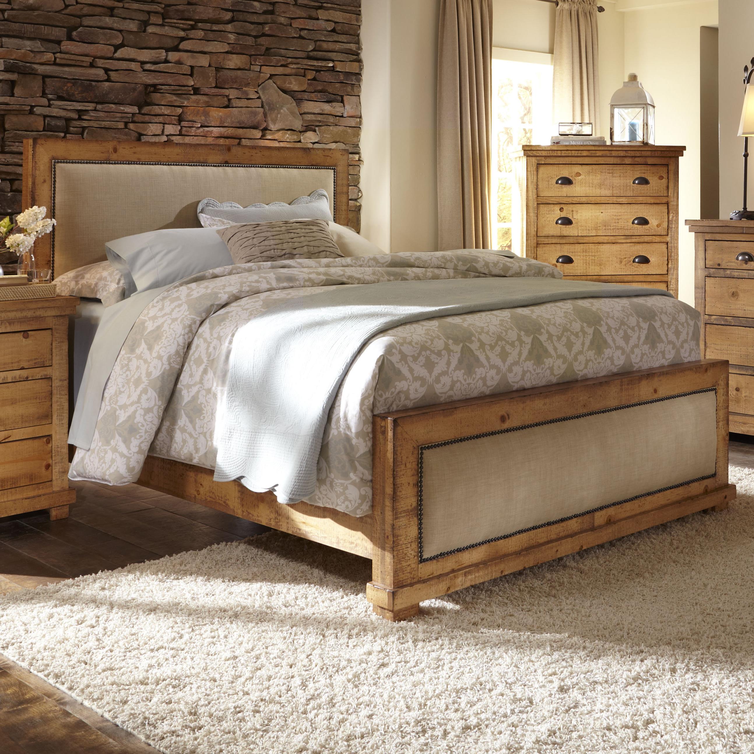 Progressive Furniture Willow King Upholstered Bed with Distressed Pine